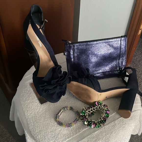 Navy Blue Nubick Upper Leather Flower Pom Detail Ankle Strap 3:39 Heel Height - Picture 3 of 3